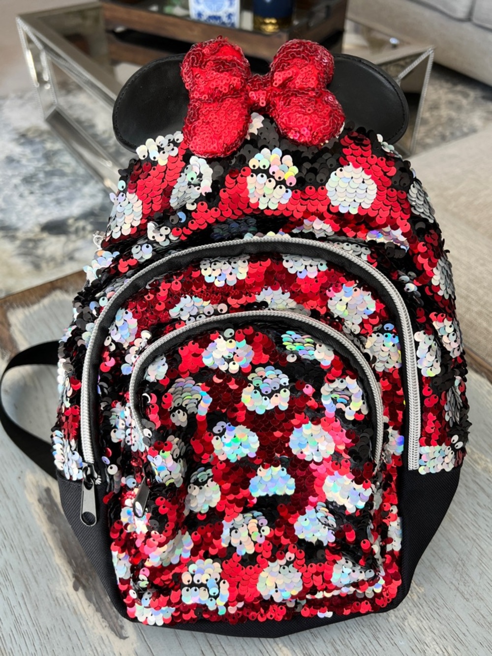 Disney Red and Black Reversible Sequin Mini Backpack with Bow Detail
